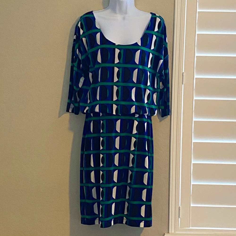Blue, white, green dress w/elastic waist